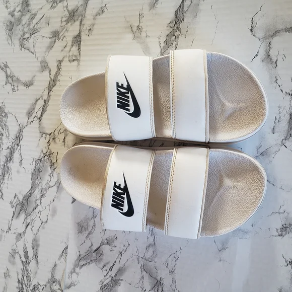 Nike White Dual-Strap Slide Sandals with Black Swoosh - Picture 2 of 6